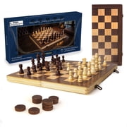 Sterling Games 15" Magnetic Wooden Chess & Checkers Set, Folding Chess Board with Storage, 3" Staunton Chess Pieces, 2 Extra Queens, Secure Brass Clasps, Travel Bag, Chess Set for Adults & Kids