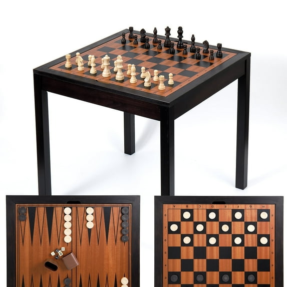 Sterling Games Wooden Chess Table with Checkers Backgammon Combo Set, Charred Oak