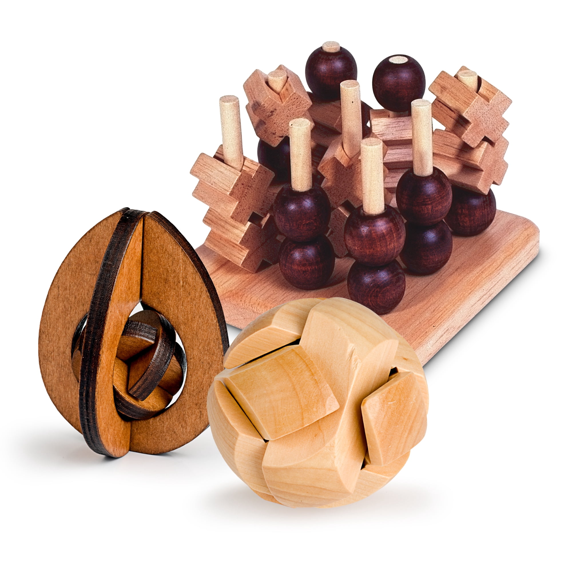 Sterling Games 3-in-1 Wooden Brain Teasers Puzzles and 3D Wooden Tic ...
