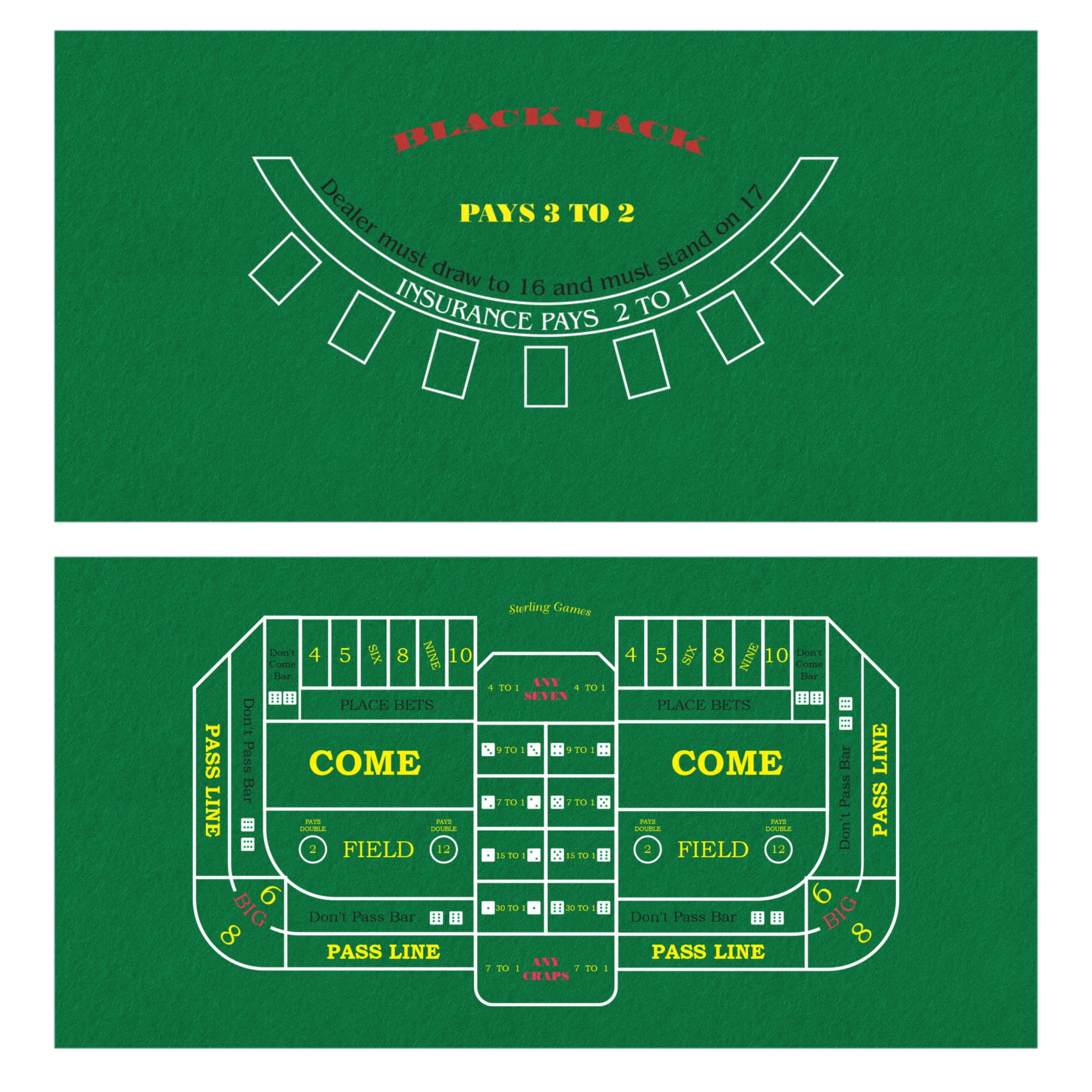 Sterling Games Blackjack and Craps Felt Layout, 72" x 36" Double Sided Mat Casino Style Home
