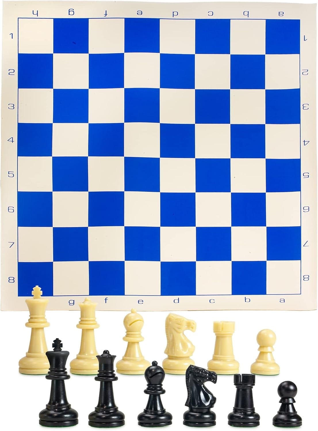 Sterling Games Chess Mat and Chess Pieces Set 20" x 20" Roll Up Vinyl Travel Chess Set, Blue