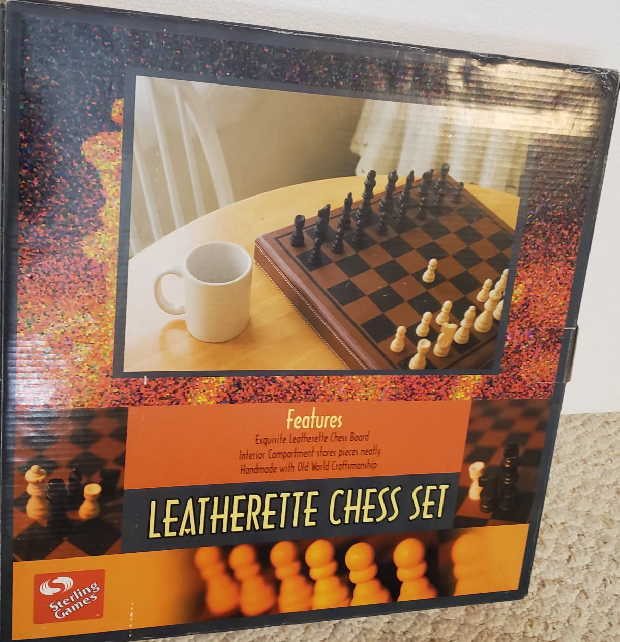 Sterling Games Leatherette CHESS Set - Features 3 inch King with 1.5" Squares - Exquisite Leatherette Chess Board 15"x15"  - Interior Compartment Stores Pieces
