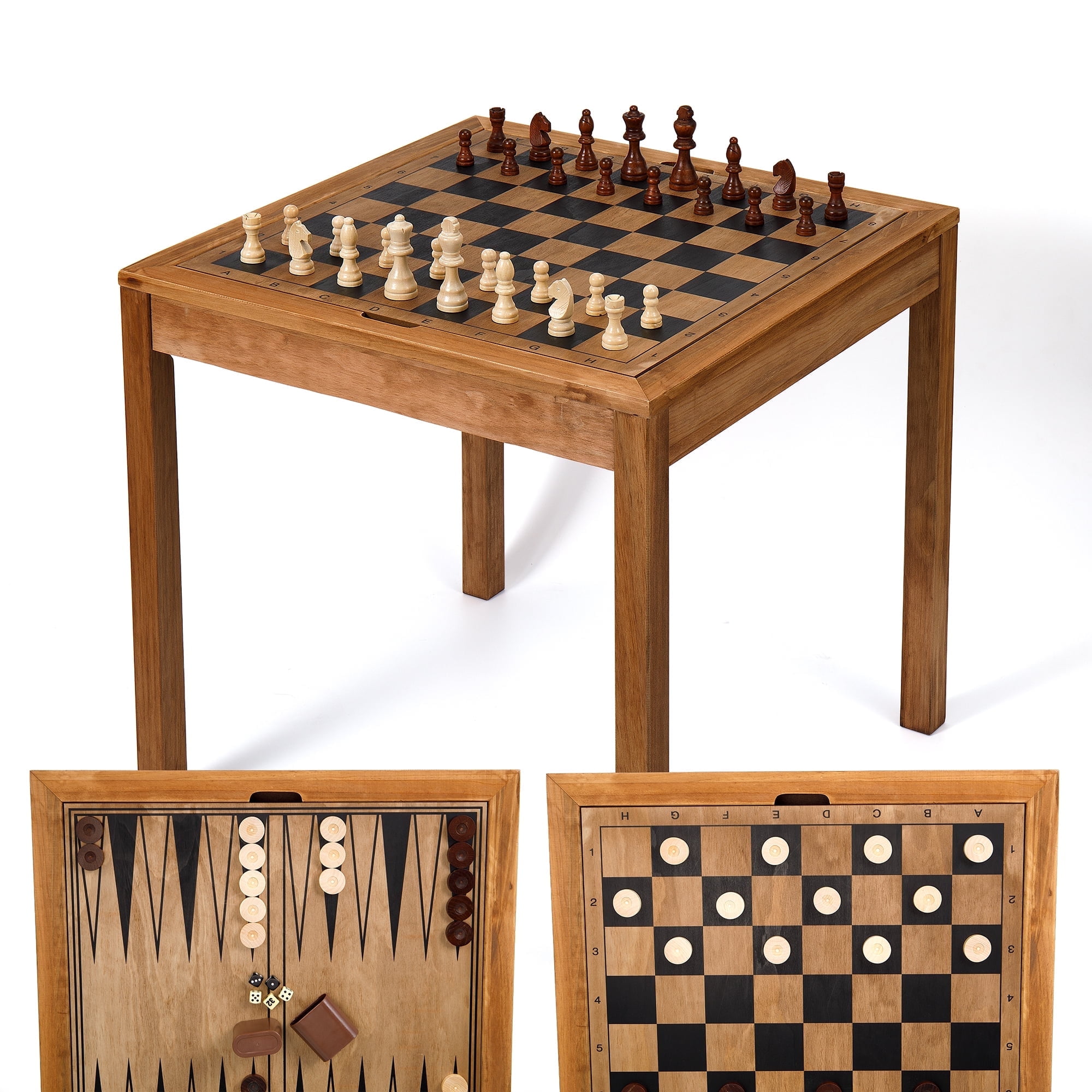 Sterling Games Wooden Chess Table with Checkers Backgammon Combo Set, Rustic Oak