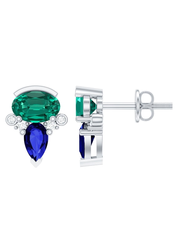 Lab Grown Sapphire Emerald Earrings (AAAA Quality) - Multi Gemstone Stud Earrings Set in Silver - Ready to Gift for Women
