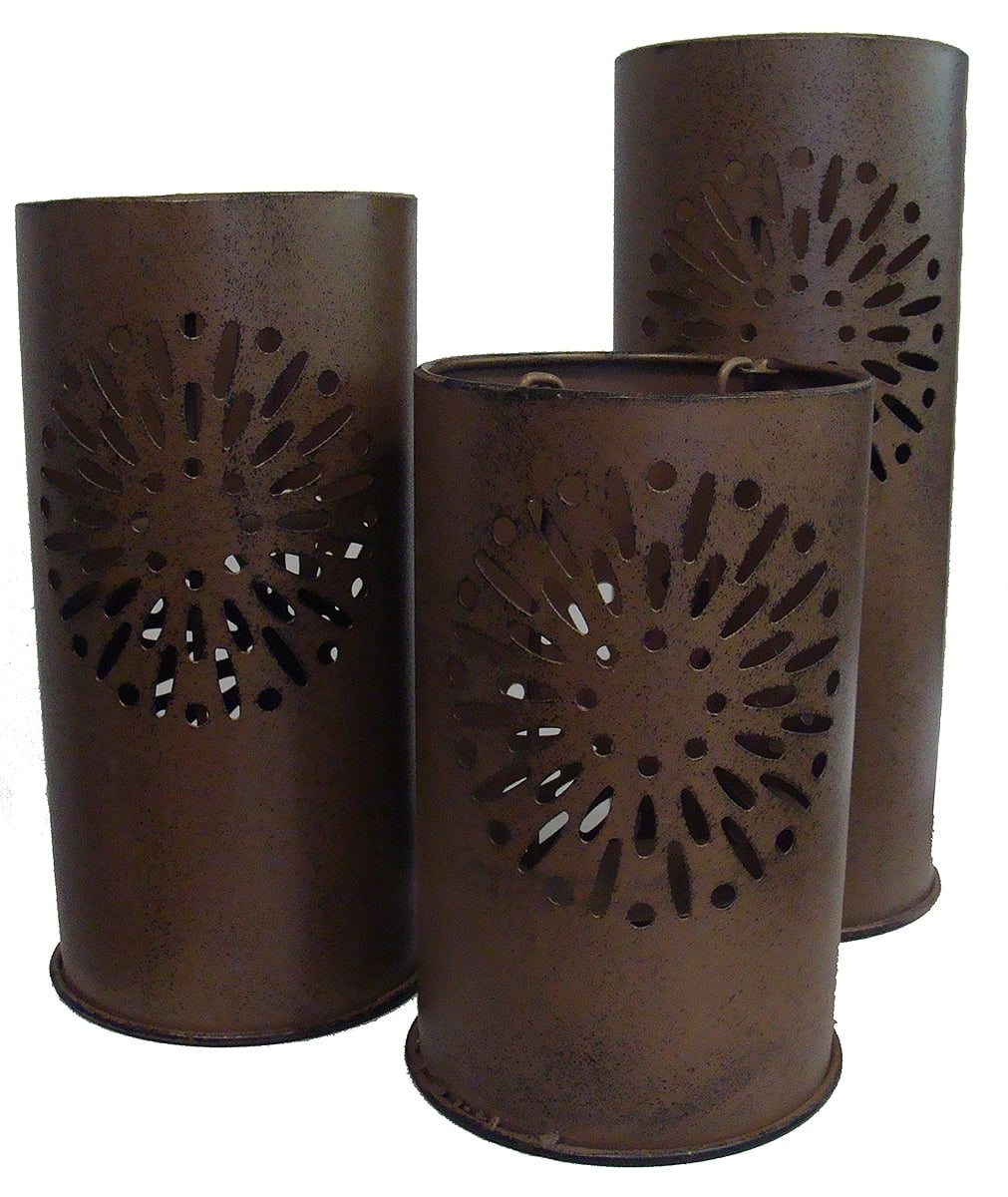 Set of 3 Distressed Brown Metal Floral Candle Lanterns