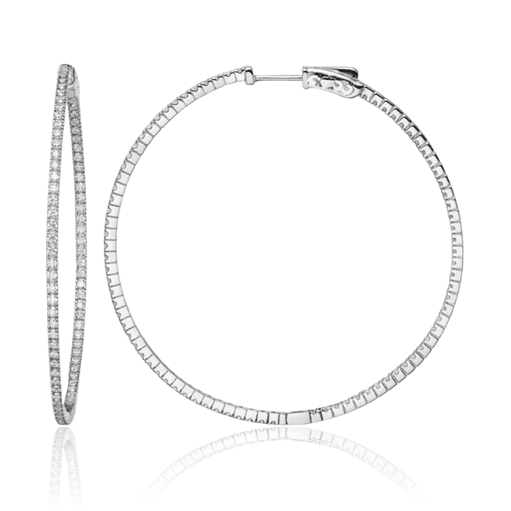 925 Sterling Silver 1.2mm Cubic Zirconia CZ Round Large Hoop Earrings