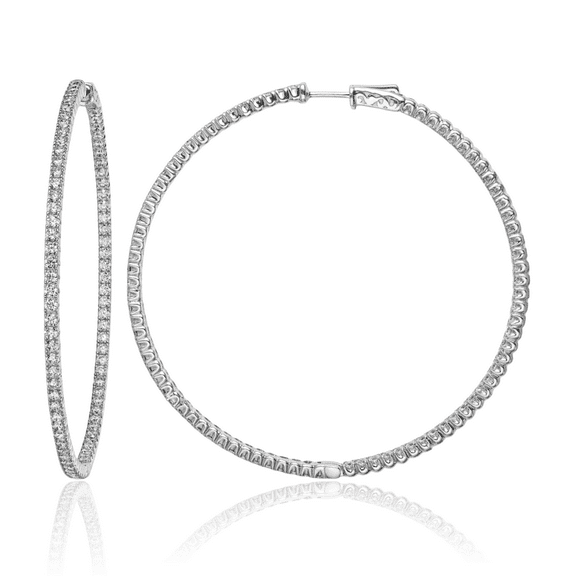 925 Sterling Silver 2mm Cubic Zirconia CZ Round Large Hoop Earrings