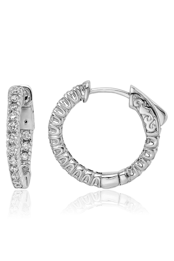 925 Sterling Silver Cubic Zirconia Medium In Out Hoop Earrings - 16.3mm 5/8 inch - Round Cut, Prong Set, Snap Back Women's