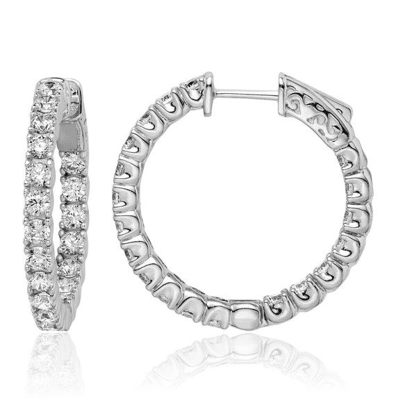 925 Sterling Silver 2.5mm Cubic Zirconia CZ Round Medium Hoop Earrings
