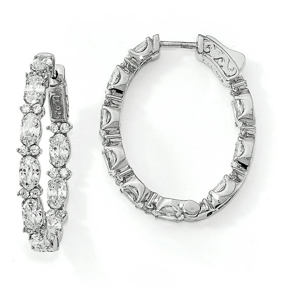 Sterling Shimmer Sterling Silver 54 Stone CZ Fancy In and Out Oval Hinged Hoop Earrings Sterling Silver Earrings