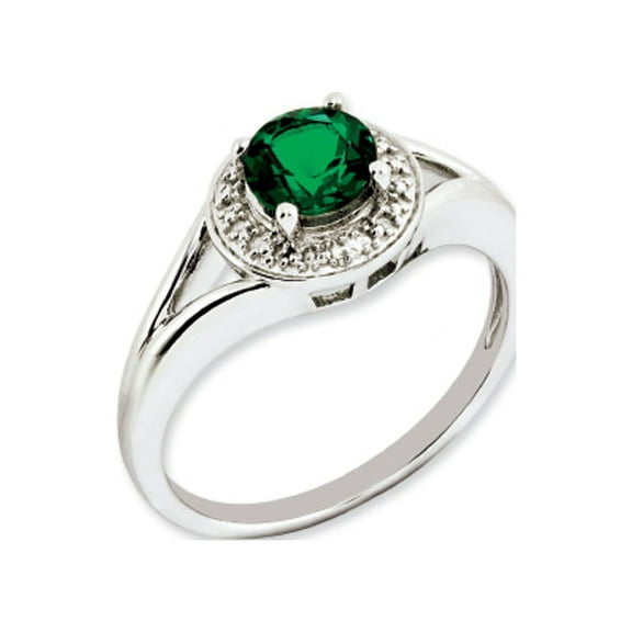 Sterling Silver Rhodium-plated Diam. & Created Emerald Ring QBR11MAY