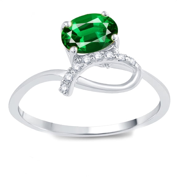 Sterling Silver 1.14ct Oval-Cut Emerald Lab Created and White Zircon Ring