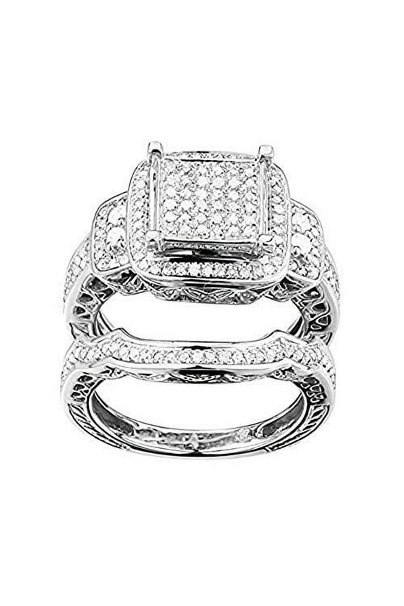 Sterling Silver 1/2 CT Luxury & Delicate Round White Diamond Bridal Halo Engagement Ring Set for Women - Exquisite Micro Pave Ring Set with Brilliant Finish- Highly Polished Bridal Set with Band, 4