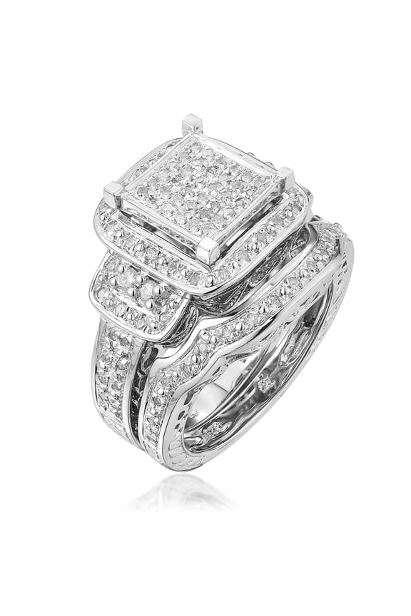 Sterling Silver 1/2ct TDW Diamond Square Halo Bridal Set