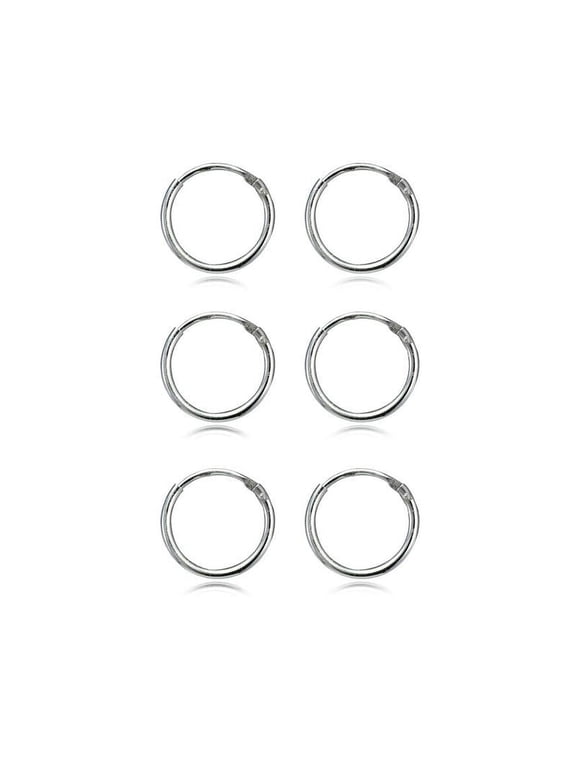 Sterling Silver 1.2mm Set of Three Endless Hoop Earrings, 10mm