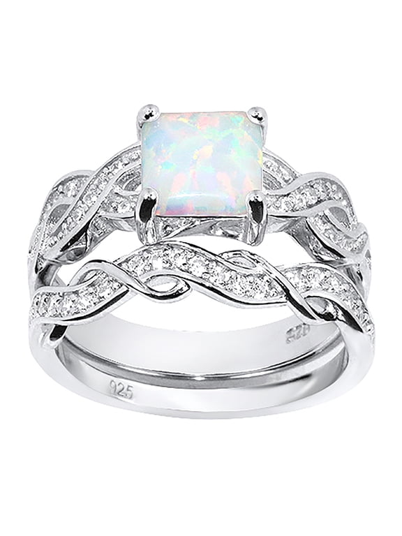 Sterling Silver 1.5 Carat White Opal Princess Cut Wedding & Engagement Bridal Ring Set for Women Size 7