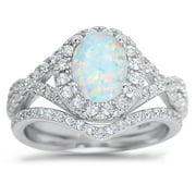 LARASO & CO Sterling Silver 1 Carat Fire Opal Oval Halo Bridal Ring Set for Women Size 5