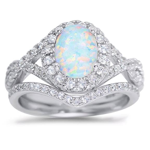 Sterling Silver 1 Carat Fire Opal Oval Halo Bridal Ring Set for Women Size 7