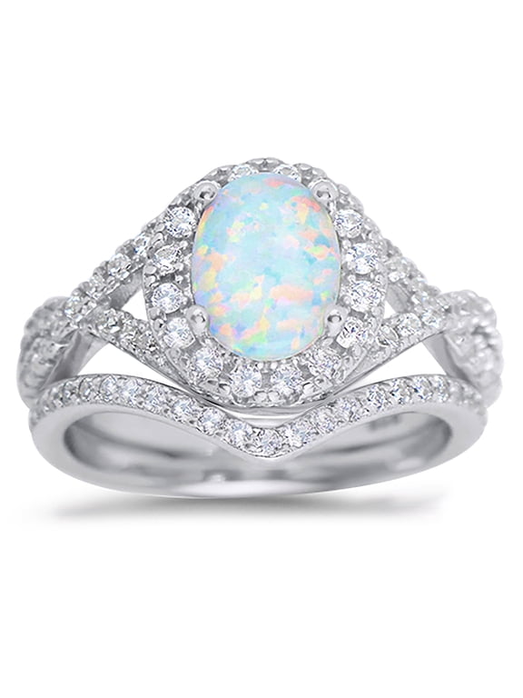 Sterling Silver 1 Carat Fire Opal Oval Halo Bridal Ring Set for Women Size 7