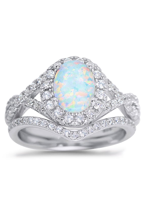 Sterling Silver 1 Carat Fire Opal Oval Halo Bridal Ring Set for Women Size 7