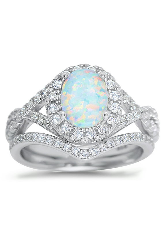 Sterling Silver 1 Carat Fire Opal Oval Halo Bridal Ring Set for Women Size 7