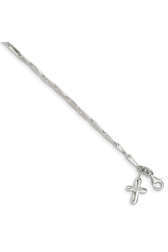 Sterling Silver 10 in Solid Polished Cross on Fancy Link Anklet