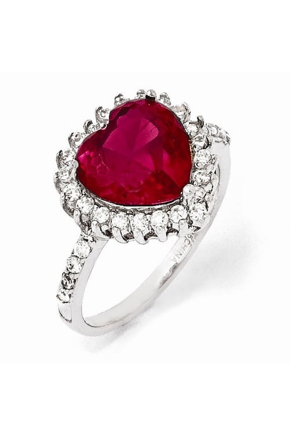 Sterling Silver 100-facet Synthetic Ruby CZ Heart Ring