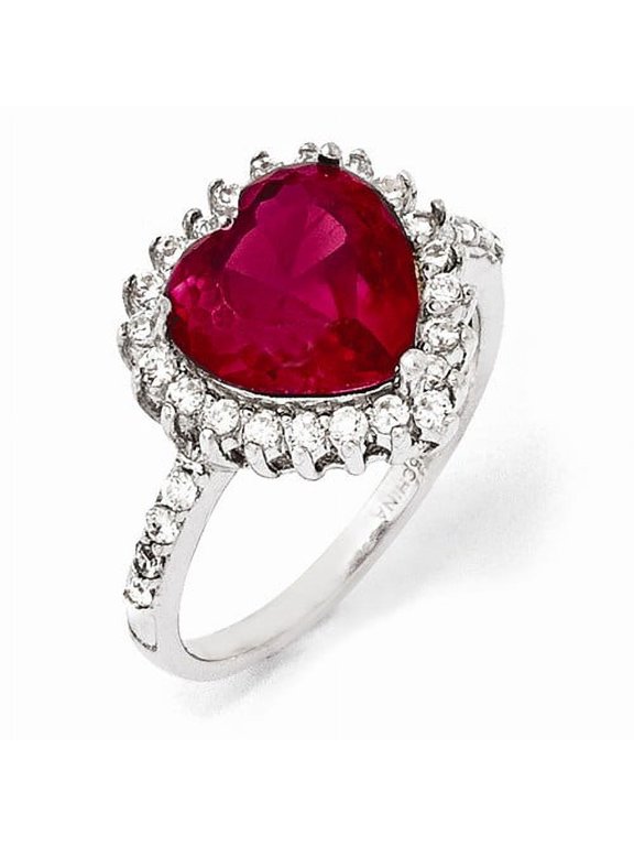 Sterling Silver 100-facet Synthetic Ruby CZ Heart Ring