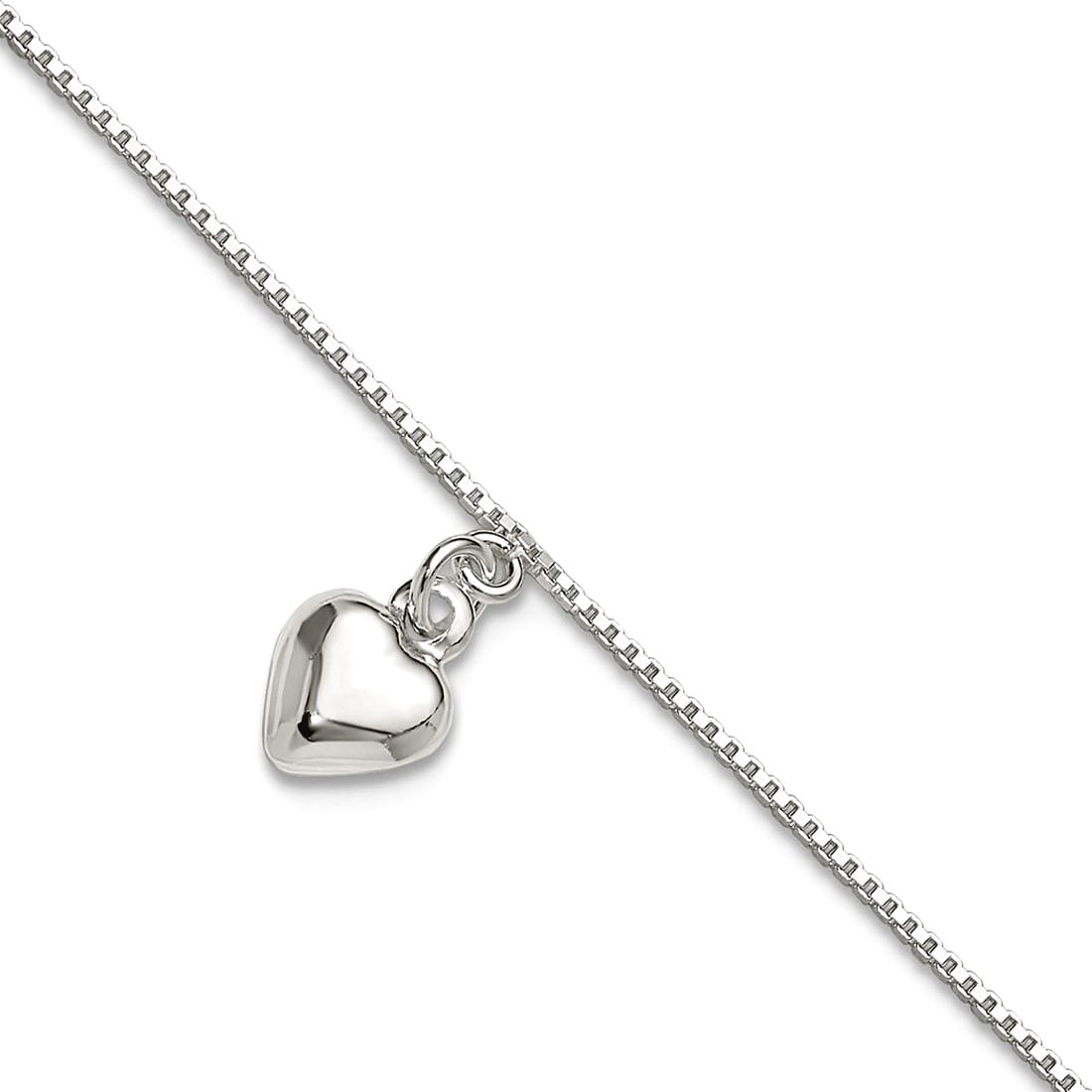 925 Sterling Silver Polished 3D Puffed Love Heart Anklet 10 Inch Spring-Ring 1mm Wide Anklet for Women