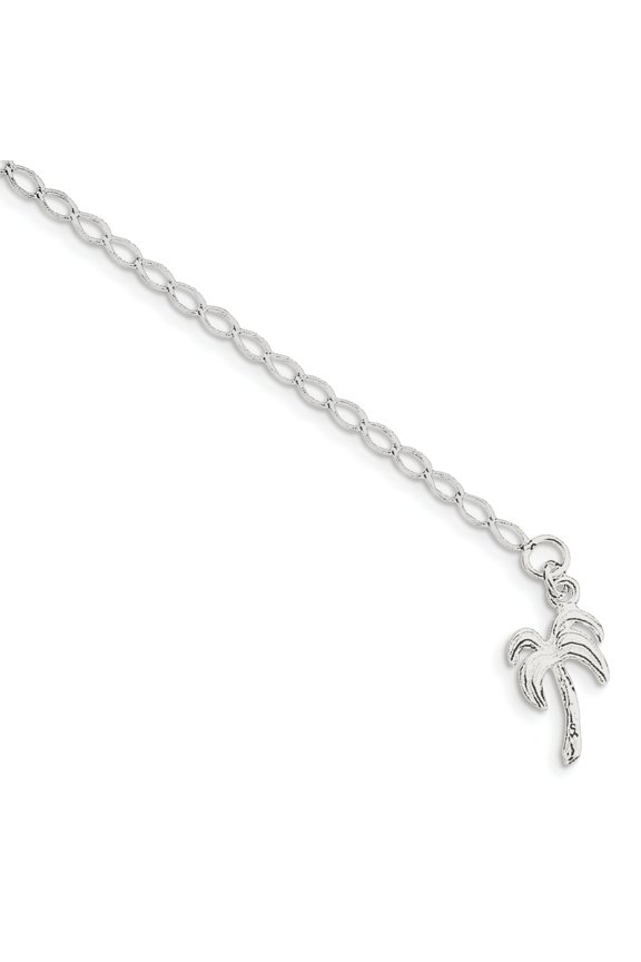 Sterling Silver 10inch Solid Polished Palm Tree Anklet