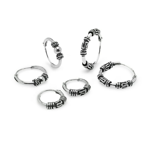 Sterling Silver 10mm, 12mm & 14mm Bali and Bali Bead Endless Hoop Earrings, Set of 3