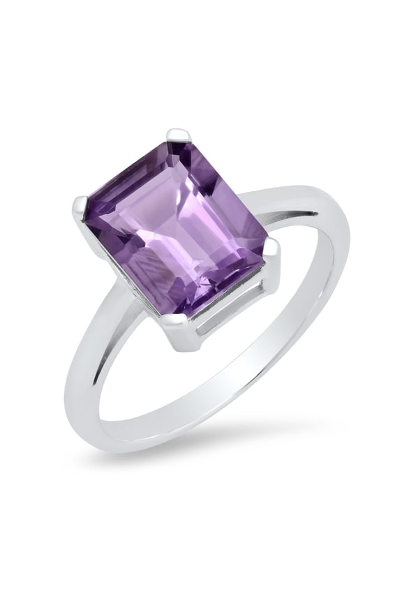Sterling Silver 10x8mm Emerald Cut Amethyst Ring, Size 7