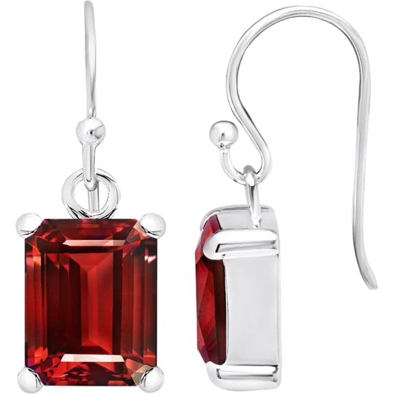 Sterling Silver 10x8mm Emerald Cut Garnet Drop Dangle Earrings