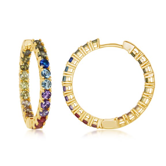 Sterling Silver 14K Gold Overlay Rainbow CZ 30mm Hoop Earring