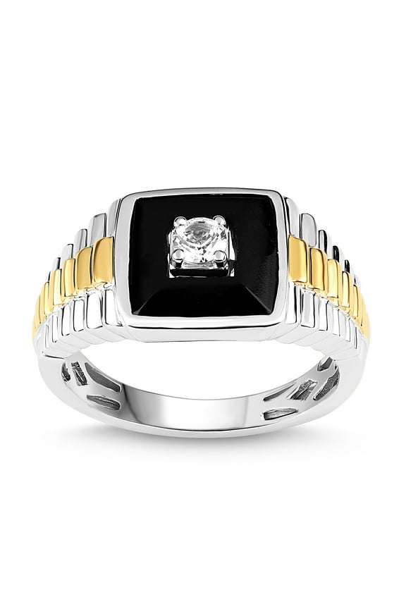 Sterling Silver & 14K Yellow Gold Plated Lab-Created Onyx & White Sapphire Men's Ring