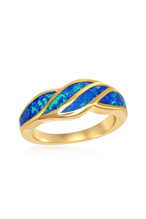 Sterling Silver 14k Gold Plated Created Opal Ring for Women | Simulated Blue Opal Gemstone Ring | Fine Silver Gold Stackable Band Ring Band by Beaux Bijoux