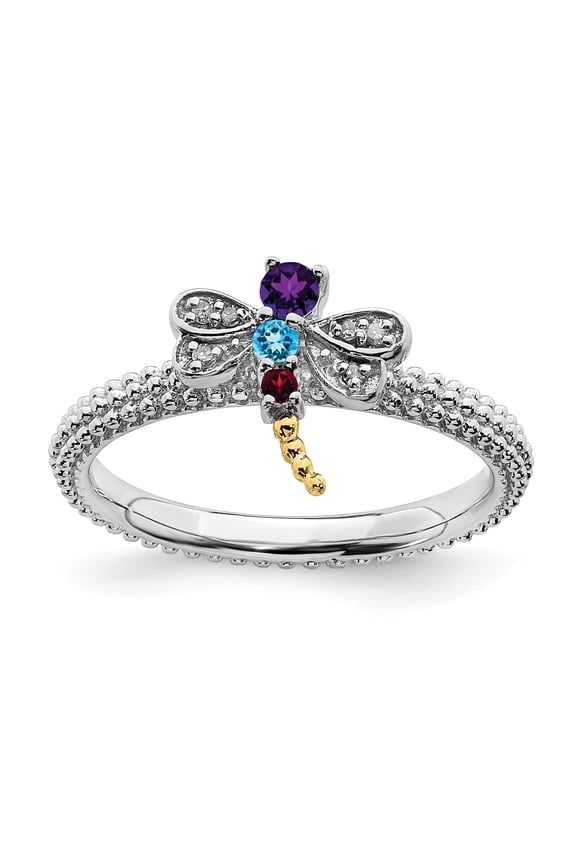 Sterling Silver&14k Stackable Expressions Gemstone & Diamond Dragonfly Ring - Size 10