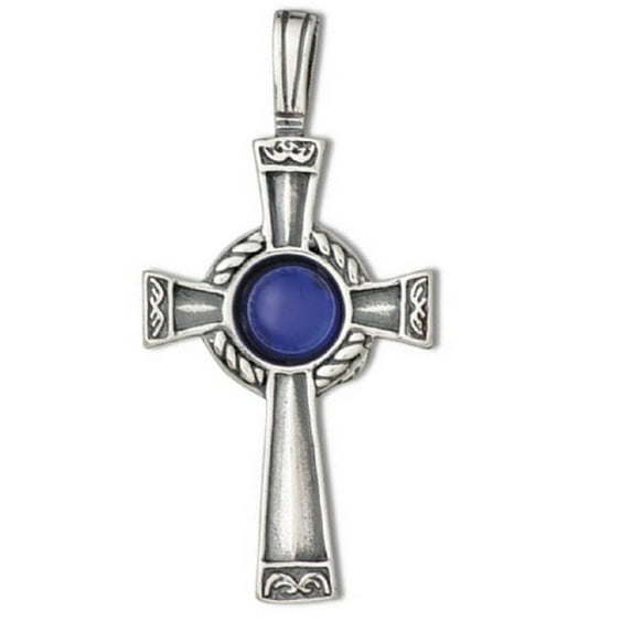 Sterling Silver 16" 1.2mm Box Chain Center Blue Crystal Christian Cross Pendant Necklace