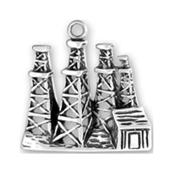 Sterling Silver 16" 1.2mm Box Chain Oil Boom Town Wooden Oil Derricks Pendant Necklace