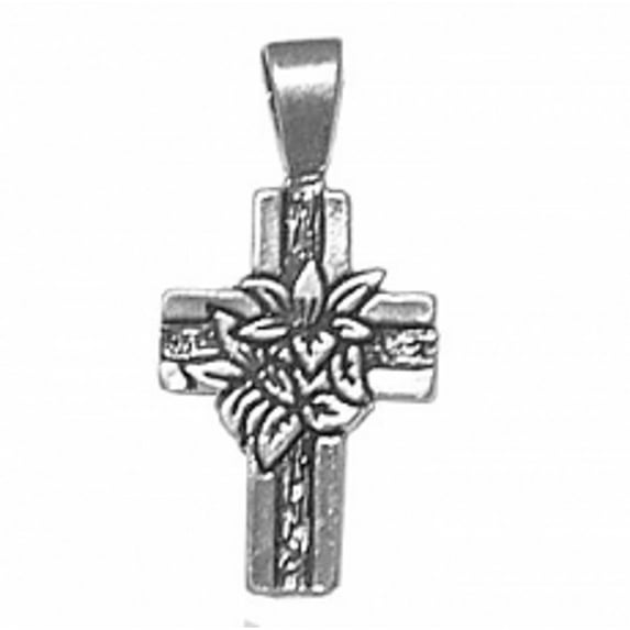 Sterling Silver 16" 1mm Box Chain Sunken Center Cross Lilies Pendant Necklace