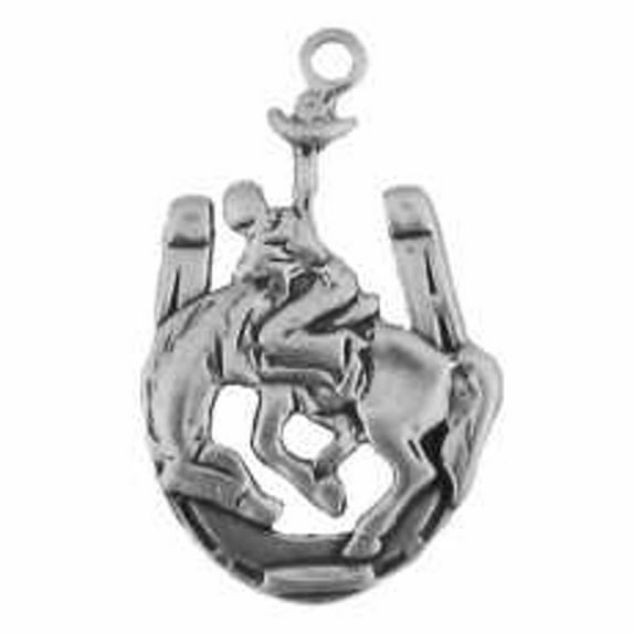 Sterling Silver 16" 1mm Cowboy Riding Bucking Bronco Horse In Horseshoe Pendant Necklace