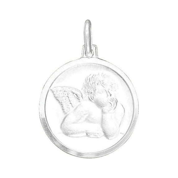 Sterling Silver 16" .8mm Box Chain 3/4" Diameter Rafael Cherub Pendant Necklace