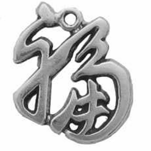 Sterling Silver 16" .8mm Box Chain 3D Chinese Symbol For Luck Pendant Necklace
