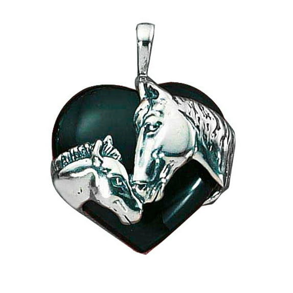Sterling Silver 16" .8mm Box Chain Black Onyx Heart Horse Pendant Necklace