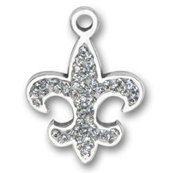 Sterling Silver 16" .8mm Box Chain Crystal Bling Fleur De Lis Pendant Necklace