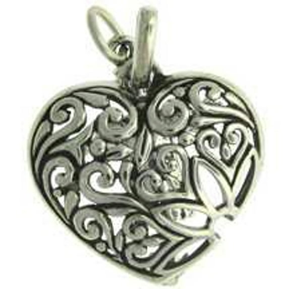Sterling Silver 16" .8mm Box Chain Filigree Flower Decorative Heart Pendant Necklace