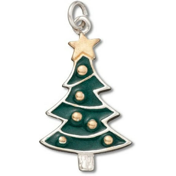 Sterling Silver 16" .8mm Box Chain Green Enameled Christmas Tree Pendant Necklace