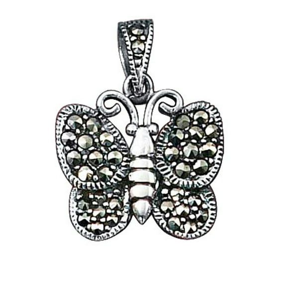 Sterling Silver 16" .8mm Box Chain Marcasite Butterfly Pendant Necklace Marcasite Bail