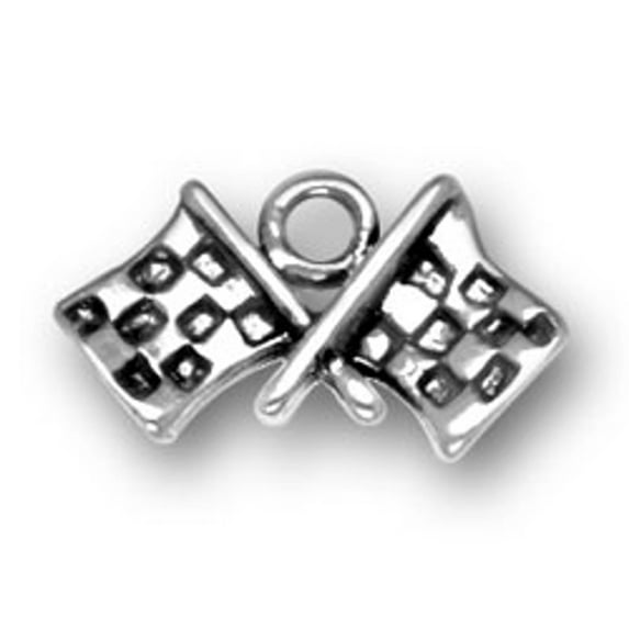 Sterling Silver 16" .8mm Box Chain Two Checkered Racing Flags Pendant Necklace