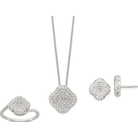 Sterling Silver 16 In With 1.5 Ext. Cz Square Necklace, Earrings And Rin (Size 7) Made India qst268